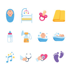 Happy Baby Icons: Newborn Care, Feeding, and Bath Time Illustrations