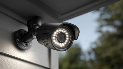 Monitoring device attached to a wall captures surroundings in a quiet residential area during the daylight hours, ensuring security and safety for homeowners nearby