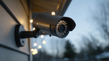 Monitoring device attached to a wall captures surroundings in a quiet residential area during the daylight hours, ensuring security and safety for homeowners nearby