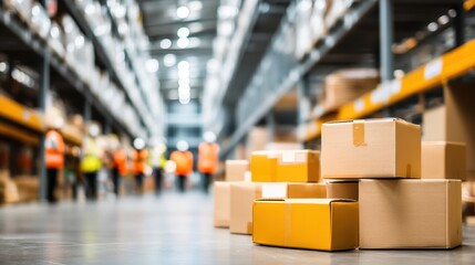 Stacks of cardboard boxes on a warehouse floor with workers in safety vests in the background