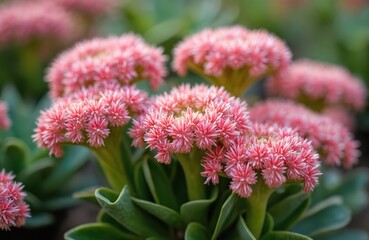 Obraz premium Close-up of Sedum Spectabile succulent flowers in bloom, featuring thick fleshy stems, vibrant pink inflorescences. Autumn blooming plant adds decorative beauty to garden landscapes, nature delicate