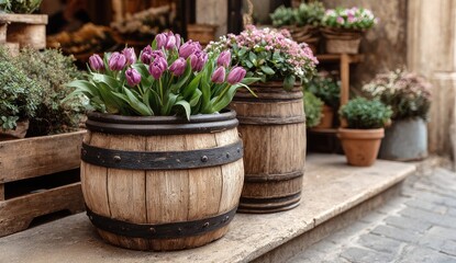 Wooden barrels filled with purple tulips and other flowers