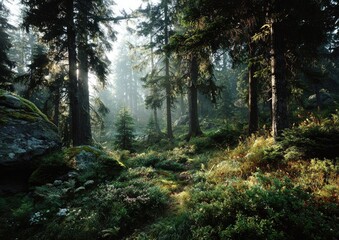 Obraz premium Misty forest scene, sunlight filtering through trees