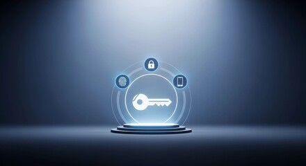Secure digital access with a glowing holographic key symbol surrounded by icons representing security, technology, and communication, symbolizing data protection and online safety