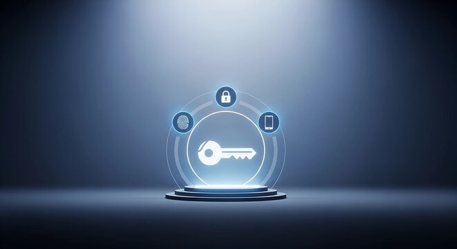 Secure digital access with a glowing holographic key symbol surrounded by icons representing security, technology, and communication, symbolizing data protection and online safety - Powered by Adobe