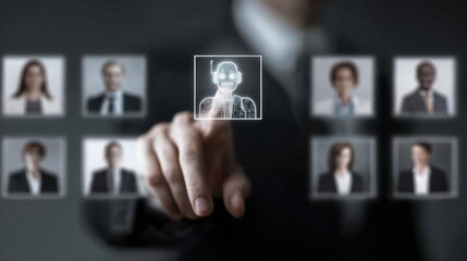 A business professional is interacting with a holographic robot in a sleek office. The background features digital portraits of colleagues showcasing modern technology in daily operations