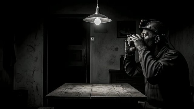 Coal miner drinking coffee, contemplative mood. Nostalgic, vintage scene for documentary, historical drama, labor rights film, or safety training.  Worker fatigue, mining industry.