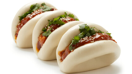 Asian Style Bao Buns with Barbecue Pork, Carrots, and Cilantro,delicious pork buns,pork buns with sweet savory filling,pork buns in wooden box, tasty bao buns with fried chicken, cilantro, food blog,A