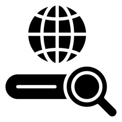 Web Browsing Glyph Black Silhouette Icon Design Vector - Globe with magnifying glass, representing worldwide search, international data, or global exploration