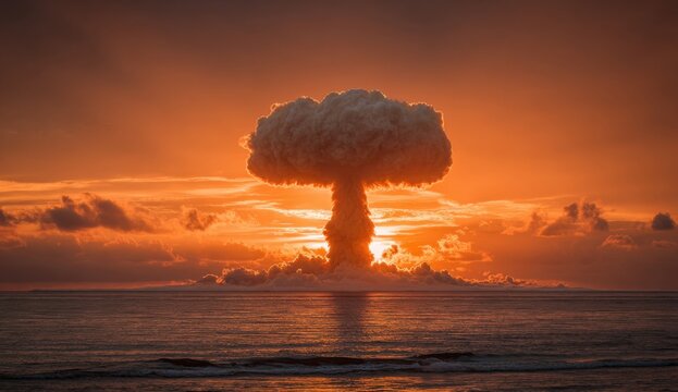 Atomic bomb explosion at sunset over water
