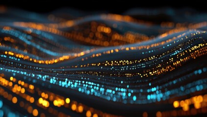 Abstract digital wave, swirling patterns of glowing points of light, predominantly orange and teal hues