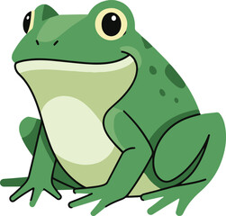 A charming illustration of a green frog, rendered in a pixel art style. The frog is depicted sitting, facing forward, with large, expressive eyes. 
