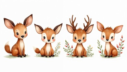 Naklejka premium Charming watercolor collection of cute woodland forest animals. Features adorable deer fawn characters with big ears, playful poses on clean white backdrop. Minimalist design elements, soft colors,