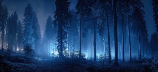 Mysterious, misty forest at night.  Silhouette trees bathed in a deep blue light.  Dense, shadowy woods under a blanket of fog.  A path through the trees is dimly visible