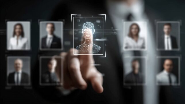 A business professional is interacting with a holographic robot in a sleek office. The background features digital portraits of colleagues showcasing modern technology in daily operations - Powered by Adobe