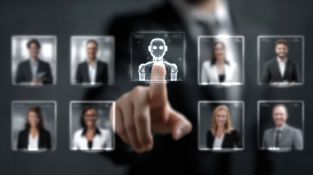 A business professional is interacting with a holographic robot in a sleek office. The background features digital portraits of colleagues showcasing modern technology in daily operations