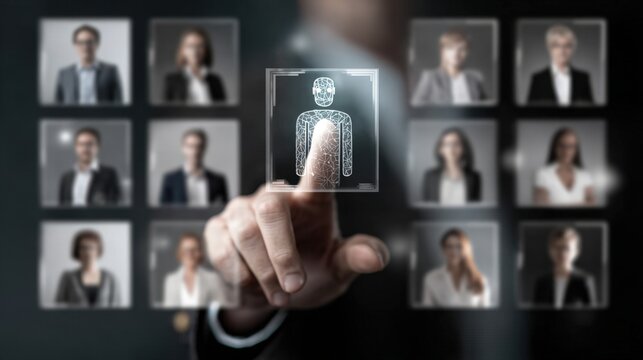 A business professional is interacting with a holographic robot in a sleek office. The background features digital portraits of colleagues showcasing modern technology in daily operations