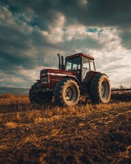 Obraz premium Agricultural Giant: An imposing red tractor, a symbol of agricultural might, stands proudly in a freshly tilled field, set against the backdrop of a dramatic, cloud-filled sky.
