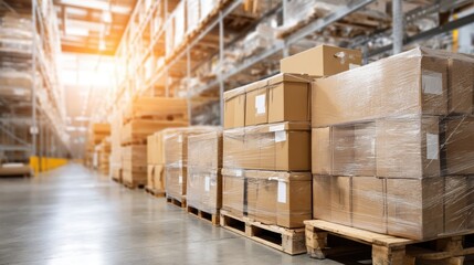 Large warehouse interior with stacked cardboard boxes on wooden pallets, ready for shipping or storage, illuminated by natural light