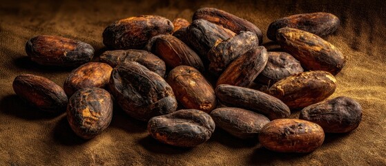 Obraz premium The Cocoa Beans Closeup on Rustic Burlap Highlighting Rich Texture and Earthy Tones