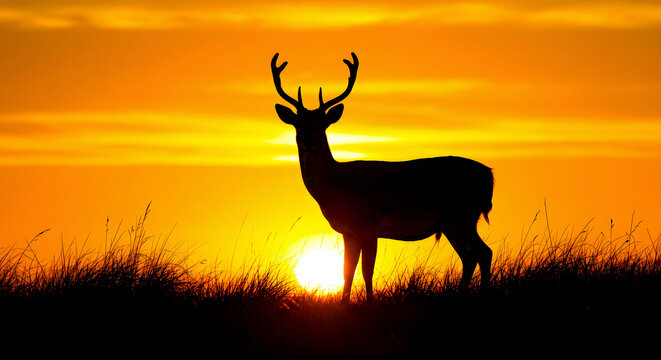 A majestic deer stag with large antlers silhouetted against a brilliant orange and yellow sunset sky over a grassy meadow