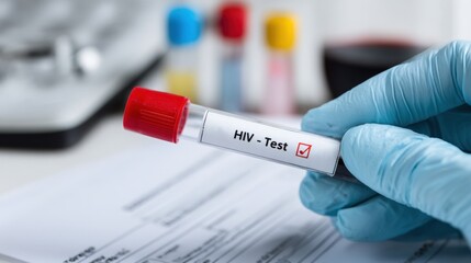 Fototapeta premium A laboratory technician holds a blood sample labeled HIV-Test, showcasing the essential process of testing for HIV in a clinical environment. The workspace is well-organized