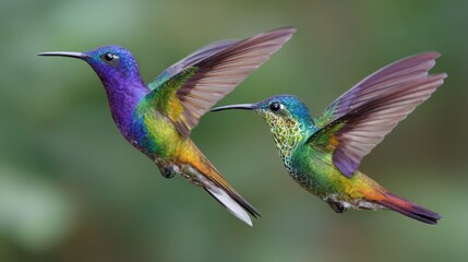 Fototapeta premium Two vibrant hummingbirds hover in mid-air, displaying their iridescent feathers against a soft green backdrop, showcasing their agility and beauty in the garden.