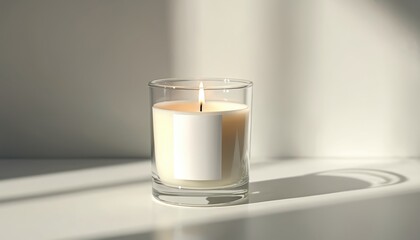 Lit candle in glass holder with blank label, casting shadows. Minimalist background enhances clean, cosy, inviting atmosphere for home decor, wellness, aromatherapy, brand promotion.