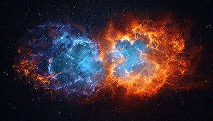 Two swirling, fiery celestial bodies, blue and orange, collide in space.  Vast, star-studded backdrop
