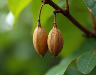 Millettia pinnata seeds, also known as Pongamia pinnata or Indian beech, hang from a branch. These seed pods are from a pea family tree, valued for medicinal properties and oil extraction.