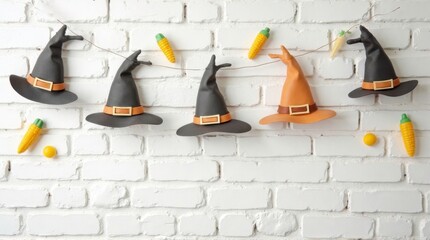 Halloween Witch Hats Decor on White Brick Wall with Colorful Carrot and Ball Decorations