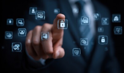 Man's hand hovers over a digital padlock icon surrounded by glowing tech icons, set against a dark background, symbolizing security and innovation