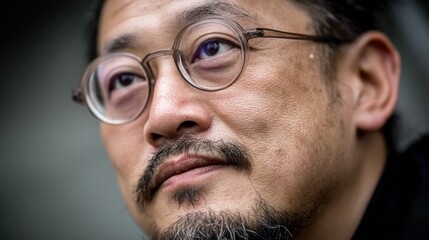 Obraz premium A thoughtful man with glasses and a beard gazes upward, his expression calm and introspective against a blurred background