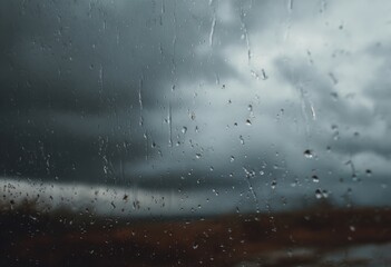 Rain-streaked glass view of a stormy sky