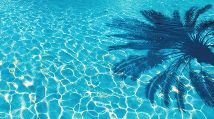 Fototapeta premium Clear blue swimming pool water with a palm tree shadow reflecting on the surface, creating a relaxing and tropical atmosphere