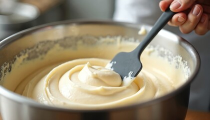 Chef uses spatula to mix creamy frosting in stainless steel bowl. Close-up on dessert preparation, showcasing smooth texture. Ideal for baking, pastry, and culinary content.