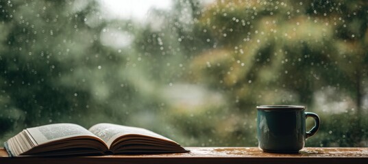 Open book and mug on windowsill on a rainy day