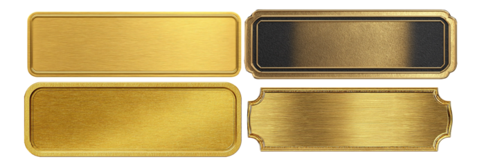 Four golden metal plates isolated on transparent background, great for adding text or logos to create eyecatching designs and presentations