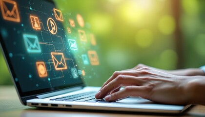 Person uses laptop with digital interface. Glowing icons for email, music, social media, data flow across screen. Blurred green background suggests outdoor remote work. Technology advancement, online