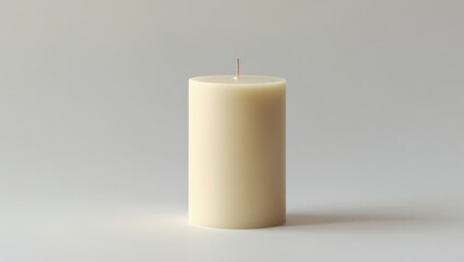 A single, cylindrical candle of light beige color is presented against a plain gray backdrop.