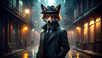 Fox detective in a city street at night