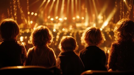 Five children with curly hair watch a brightly lit stage show, surrounded by warm golden lights and a festive atmosphere