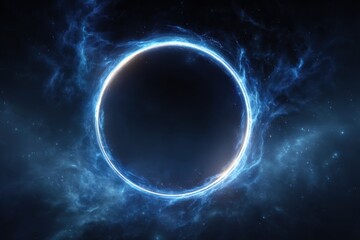Cosmic ring of ethereal energy. Dark, glowing blue energy surrounds a black circle in space