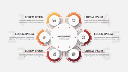 Business Central Circle, Infographic Presentation with Gradient Color, Line, Circle Label, 6 Numbers and Icon
