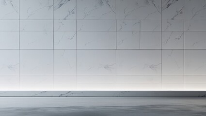 A minimalist, modern interior scene showcasing a light-toned marble tiled wall with a glowing, subtle baseboard.