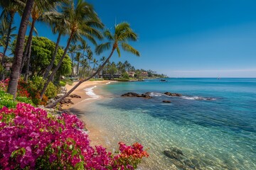 Fototapeta premium A stunning beach scene, with palm trees and vibrant pink flowers along the shore. 