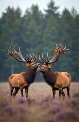 Two majestic red deer bucks with large antlers touch noses gently in field of dry grass, purple flowers. Dense forest forms blurred background. Large mammals showcase impressive rack, fur,