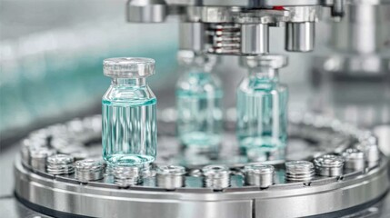 Fototapeta premium Vials filled with vaccine are seen moving along a conveyor belt in a modern manufacturing facility. The assembly line is active, showcasing precision and efficiency in production