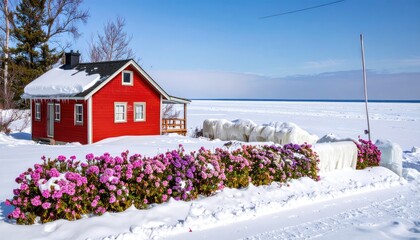 Red cabin on frozen lake, winter scene with flowers