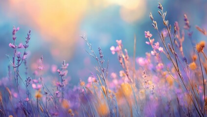 Delicate wildflowers in soft pastel hues, bathed in warm sunlight